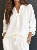 Women's Retro Casual Lazy Style Solid Color Waffle Henley Top And Pants Set ZMZ1547G4ZJY