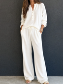Women's Retro Casual Lazy Style Solid Color Waffle Henley Top And Pants Set ZMZ1547G4ZJY