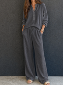 Women's Retro Casual Lazy Style Solid Color Waffle Henley Top And Pants Set ZMZ1547G4ZJY