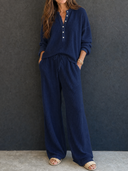 Women's Retro Casual Lazy Style Solid Color Waffle Henley Top And Pants Set ZMZ1547G4ZJY