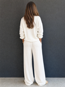 Women's Retro Casual Lazy Style Solid Color Waffle Henley Top And Pants Set ZMZ1547G4ZJY