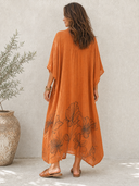 Women's Retro Casual Lazy Style Cotton Linen Floral Print Batwing Sleeve Henley Collar Maxi Dress ZMZ1540G0ZJY