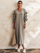 Women's Stylish Cotton Midi Dress With Ruffled Elbow-Length Sleeves And V-Neck ZMZ1670G1SWL