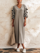 Women's Stylish Cotton Midi Dress With Ruffled Elbow-Length Sleeves And V-Neck ZMZ1670G1SWL