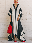 Women's Vintage Cotton-Linen Color-Block V-Neck Maxi Dress ZMZ1673G9SWL