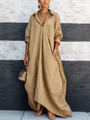 Women's Vintage-style Khaki Cotton V-neck Loose Long-sleeve Maxi Dress ZMZ1654G2SWL