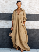Women's Vintage-style Khaki Cotton V-neck Loose Long-sleeve Maxi Dress ZMZ1654G2SWL