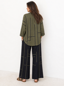 Women's Retro Casual Color Block Striped Geometric Print Henley Collar Three-Quarter Sleeve Shirt And Pants Set ZMZ1537G5ZJY