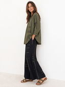 Women's Retro Casual Color Block Striped Geometric Print Henley Collar Three-Quarter Sleeve Shirt And Pants Set ZMZ1537G5ZJY