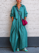 Women's Stylish Blue Cotton-Linen Long-Sleeve Loose Jumpsuit ZMZ1603G4SWL