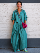 Women's Stylish Blue Cotton-Linen Long-Sleeve Loose Jumpsuit ZMZ1603G4SWL