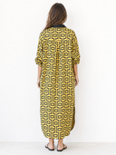 Women's Retro Casual Color Block Striped Geometric Print Henley Collar Long Sleeve Midi Dress ZMZ1508G6ZJY