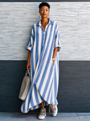 Women's Classic Striped Cotton Long-Sleeve Loose Maxi Dress ZMZ1604G1SWL