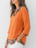 Women's Retro Casual Cotton Linen Plaid Patchwork Collared Three-Quarter Sleeve Shirt ZMZ1503G4ZJY