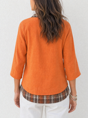 Women's Retro Casual Cotton Linen Plaid Patchwork Collared Three-Quarter Sleeve Shirt ZMZ1503G4ZJY