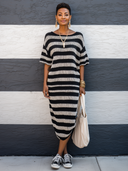 Women's Casual Color-Block High-Stretch Striped Knit Midi Dress ZMZ1622G7SWL