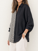 Women's Retro Casual Cotton Linen Patchwork Collared Long-Sleeve Shirt ZMZ1554G5ZJY