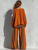 Women's Retro Casual Pleated Color Block Crew Neck Long Sleeve Top And Pants Set ZMZ1509G6ZJY