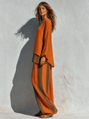 Women's Retro Casual Pleated Color Block Crew Neck Long Sleeve Top And Pants Set ZMZ1509G6ZJY