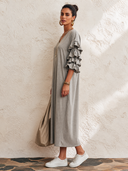Women's Stylish Cotton Midi Dress With Ruffled Elbow-Length Sleeves And V-Neck ZMZ1670G1SWL