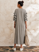 Women's Stylish Cotton Midi Dress With Ruffled Elbow-Length Sleeves And V-Neck ZMZ1670G1SWL
