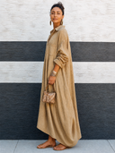 Women's Vintage-style Khaki Cotton V-neck Loose Long-sleeve Maxi Dress ZMZ1654G2SWL
