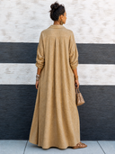 Women's Vintage-style Khaki Cotton V-neck Loose Long-sleeve Maxi Dress ZMZ1654G2SWL