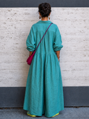 Women's Stylish Blue Cotton-Linen Long-Sleeve Loose Jumpsuit ZMZ1603G4SWL
