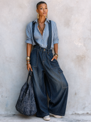Women's Classic Striped Long-Sleeve Shirt And Denim Wide-Leg Overall Set ZMZ1735G9SWL