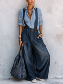 Women's Classic Striped Long-Sleeve Shirt And Denim Wide-Leg Overall Set ZMZ1735G9SWL