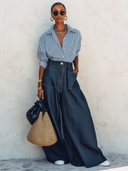 Women's Classic Striped Long-Sleeve Shirt And Wide-Leg Tencel Denim Trouser Set ZMZ1707G3SWL