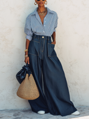 Women's Classic Striped Long-Sleeve Shirt And Wide-Leg Tencel Denim Trouser Set ZMZ1707G3SWL