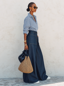 Women's Classic Striped Long-Sleeve Shirt And Wide-Leg Tencel Denim Trouser Set ZMZ1707G3SWL