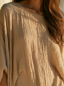 Women Crinkle Texture Gauze Maxi Kaftan Dress Round Neck Batwing Sleeve Side Split Loose Beach Resort Cover Up Tunic ZMZ2015G3YZH