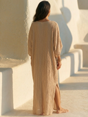 Women Crinkle Texture Gauze Maxi Kaftan Dress Round Neck Batwing Sleeve Side Split Loose Beach Resort Cover Up Tunic ZMZ2015G3YZH