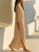 Women Crinkle Texture Gauze Maxi Kaftan Dress Round Neck Batwing Sleeve Side Split Loose Beach Resort Cover Up Tunic ZMZ2015G3YZH
