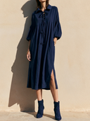 Women Autumn Fashion Pure Cotton Midi Shirt Dress Collar Front Lace-Up Bubble Sleeve Side Pocket Split Hem Loose Fall Casual Tunic ZMZ2172G3YZH