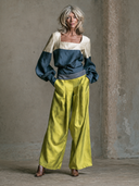 Women's Color-Block Square-Neck Lantern-Sleeve Top And Wide-Leg Pants Set ZMZ1513G9XT