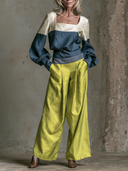 Women's Color-Block Square-Neck Lantern-Sleeve Top And Wide-Leg Pants Set ZMZ1513G9XT