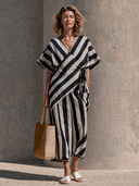 Women's Cotton-Linen Striped V-Neck Tie-Front Top And Wide-Leg Pants Two-Piece Set ZMZ2180G0XT