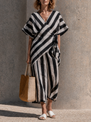 Women's Cotton-Linen Striped V-Neck Tie-Front Top And Wide-Leg Pants Two-Piece Set ZMZ2180G0XT