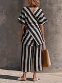 Women's Cotton-Linen Striped V-Neck Tie-Front Top And Wide-Leg Pants Two-Piece Set ZMZ2180G0XT