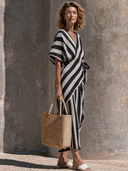 Women's Cotton-Linen Striped V-Neck Tie-Front Top And Wide-Leg Pants Two-Piece Set ZMZ2180G0XT