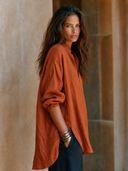 Women Autumn Thick Premium Cotton Linen Oversized Tunic Top Stand Collar Half Zip Long Sleeve Side Split Pocket Loose Fall Casual Blouse ZMZ2133G3YZH