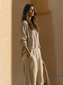 Women Autumn Premium Linen 2 Piece Outfit Cropped Blazer Jacket High Waist Pleated Wide Leg Pants Minimalist Casual Suit ZMZ2183G4YZH
