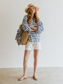 Women's Casual Horizontal-Stripe Cotton V-Neck Lantern Sleeves Shirt ZMZ2146G1ZYY