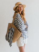 Women's Casual Horizontal-Stripe Cotton V-Neck Lantern Sleeves Shirt ZMZ2146G1ZYY