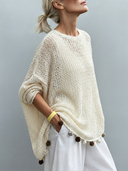 Women's French-style Elegant Openwork Hem And Tassels Long-sleeve Crew-neck Sweater ZMZ2178G1ZYY