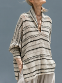 Women's French-style Elegant Open-knit Horizontal Striped Long-sleeve V-neck Sweater ZMZ2138G1ZYY