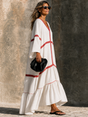 Women's Cotton-Linen V-Neck Long-Sleeve Color-Block Tiered Maxi Dress ZMZ1575G2XT